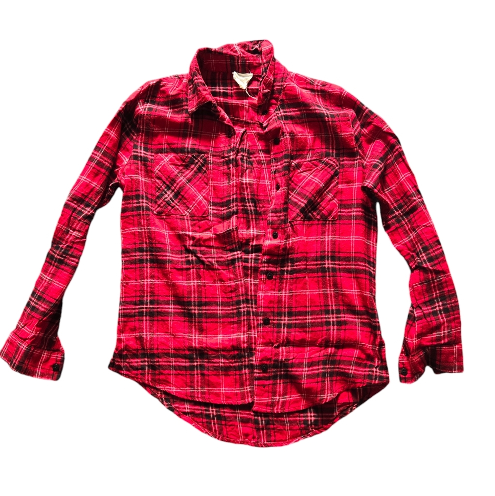 Francesca's red and black plaid flannel shirt